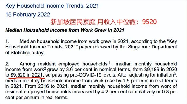 按人民币计算,2021年新加坡居民家庭“收入中位数高达54.84万”