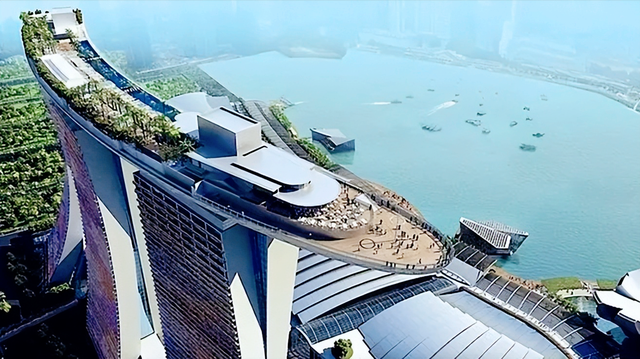 耗资57亿美元，建成的滨海湾金沙酒店，高度198米共有57层